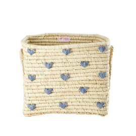 Rice - Small Square Raffia Basket with Raffia Handles - Blue Hearts