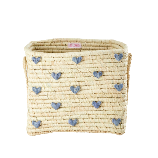 Rice - Small Square Raffia Basket with Raffia Handles - Blue Hearts