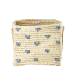 Rice - Small Square Raffia Basket with Raffia Handles - Blue Hearts