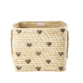 Rice - Small Square Raffia Basket with Raffia Handles - Dark Grey Hearts