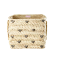 Rice - Small Square Raffia Basket with Raffia Handles - Dark Grey Hearts