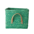 Rice - Small Square Raffia Basket with Leather Handles - Green