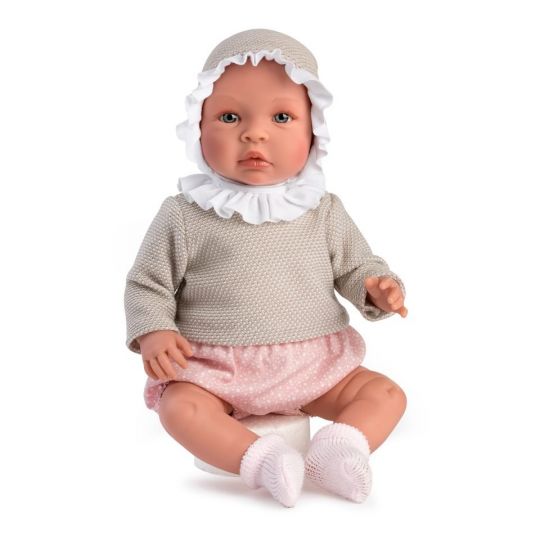 Asi - Leonora babydukke i pink bomsterprint og beige sweater