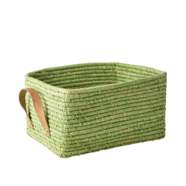 Rice - Raffia Rectangular Basket w. Leather Handle -  Soft Green