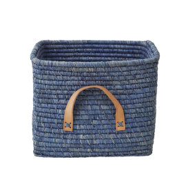 Rice - Small Square Raffia Basket with Leather Handles - Blue