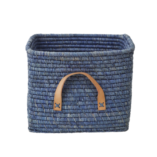 Rice - Small Square Raffia Basket with Leather Handles - Blue