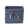 Rice - Small Square Raffia Basket with Leather Handles - Blue