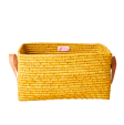 Rice - Raffia Rectangular Basket w. Leather Handle in Yellow