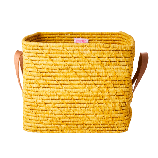 Rice - Small Square Raffia Basket with Leather Handles Yellow